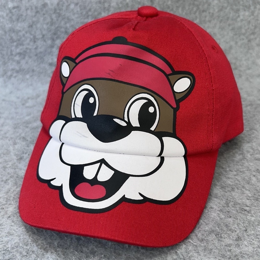 Buc-ee's Infant Beaver Face Ball Cap Red Elastic Back UPF 50+ Cotton